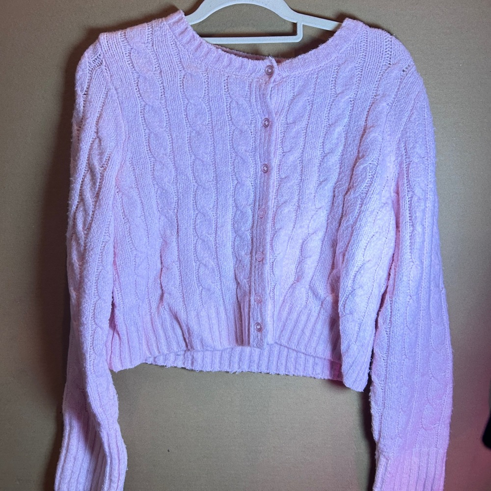 Pink Republic Cable Knit Cropped Cardigan Sweater Light Pink Size L